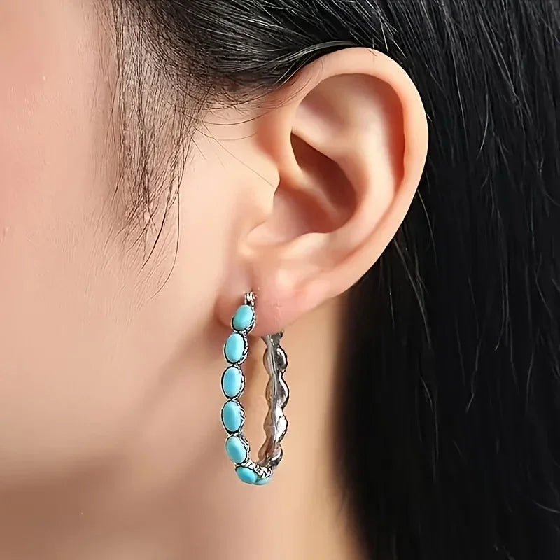 Sterling Silver Turquoise Hoop Earrings For Women 925