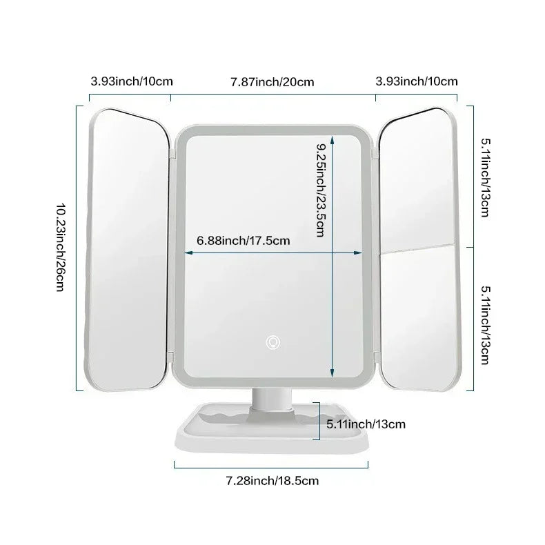 Trifold Makeup Mirror With LED Lights Three Lighting Modes