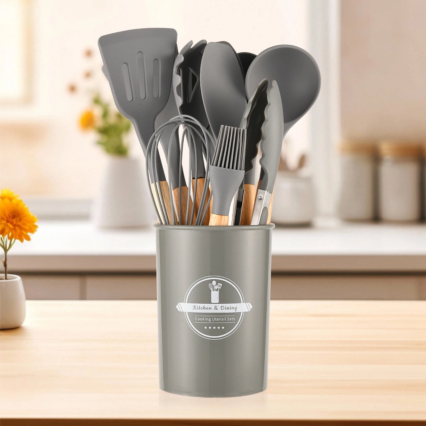 Katisun 12 Non Stick Silicon Utensil Set With Wood Handles