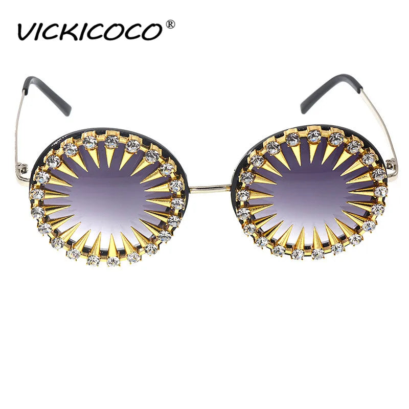 VICKICOCO Steampunk Diamond Sunglasses For Women Round UV400