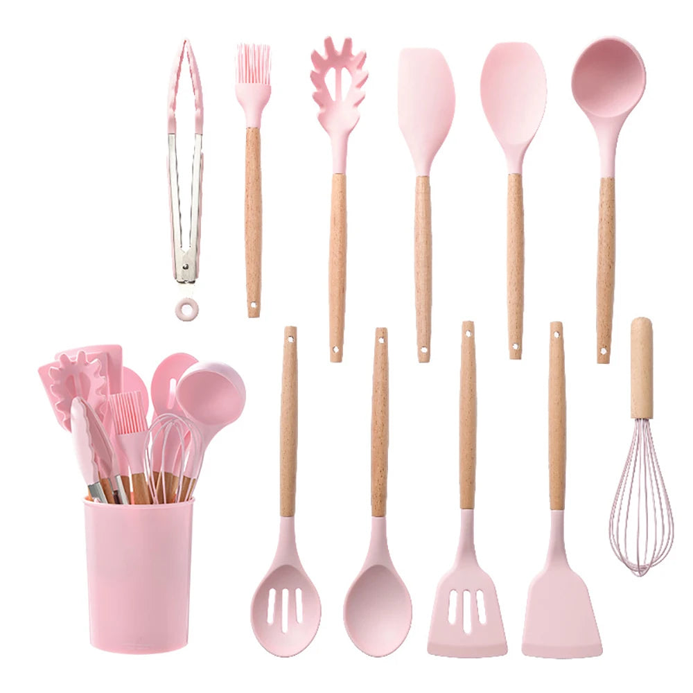 Silicone Kitchen Utensil Set With Wooden Handle Egg Beaters