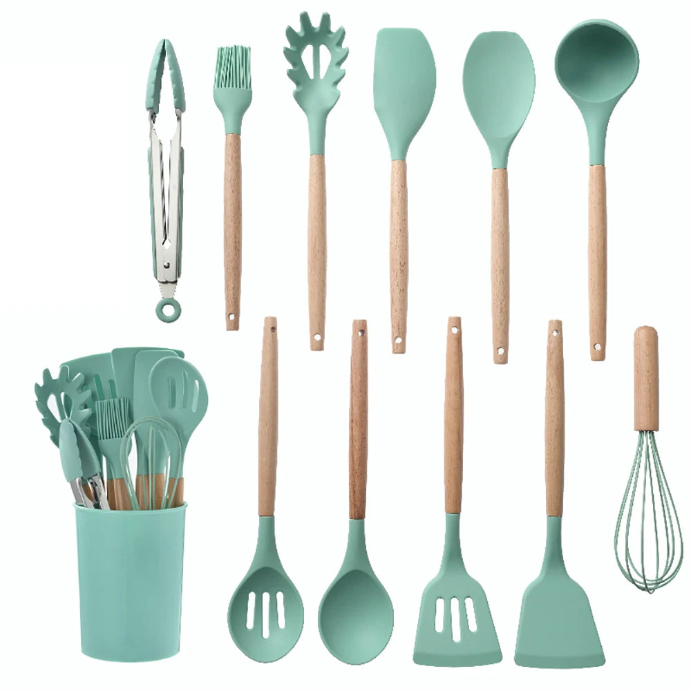 Silicone Kitchen Utensil Set With Wooden Handle Egg Beaters