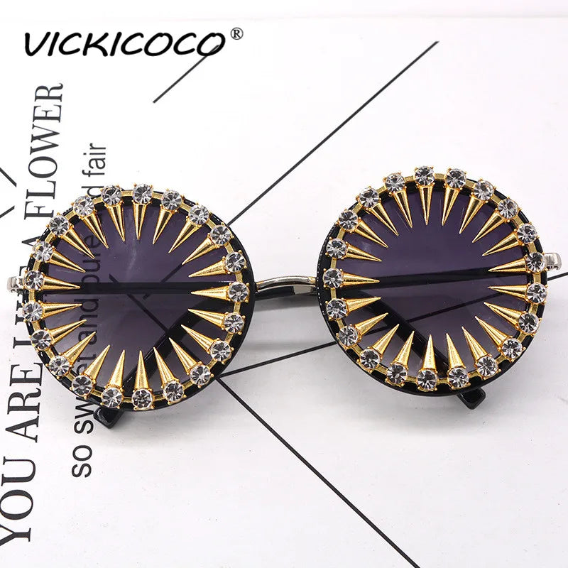 VICKICOCO Steampunk Diamond Sunglasses For Women Round UV400