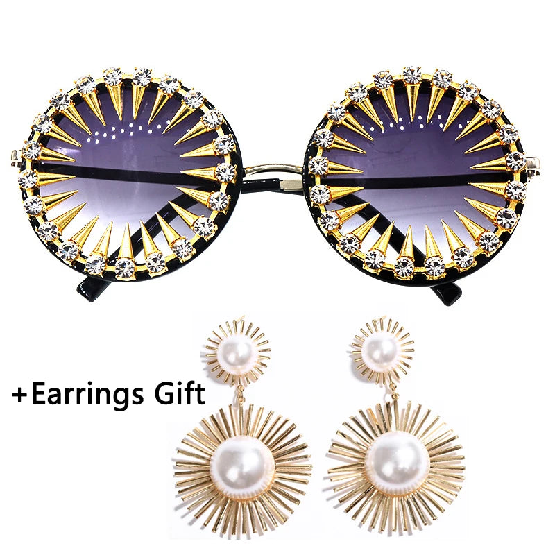 VICKICOCO Steampunk Diamond Sunglasses For Women Round UV400