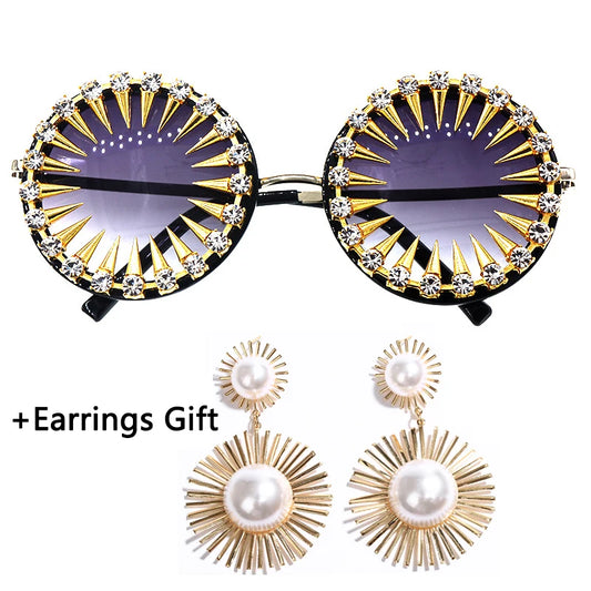 VICKICOCO Steampunk Diamond Sunglasses For Women Round UV400