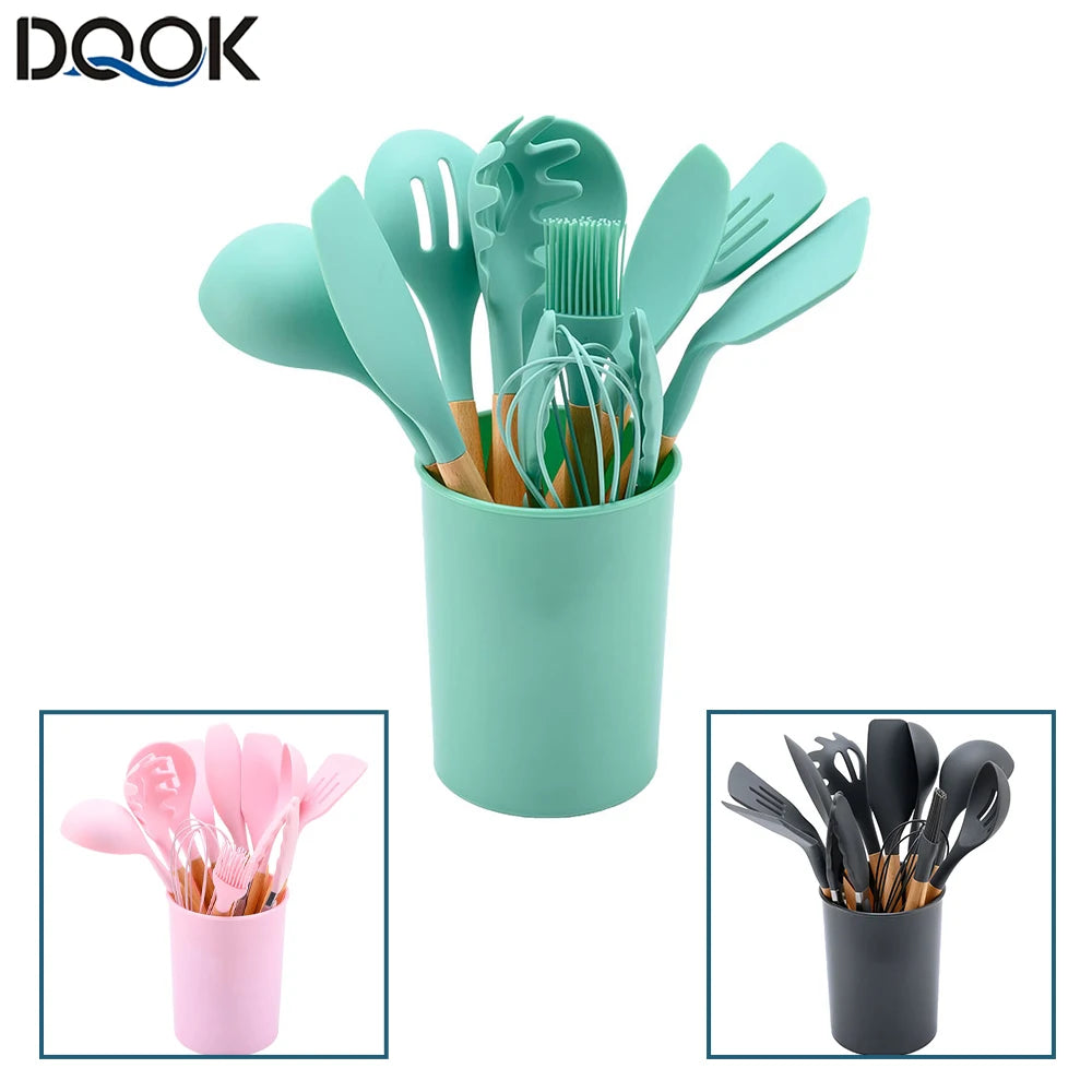 Silicone Kitchen Utensil Set With Wooden Handle Egg Beaters