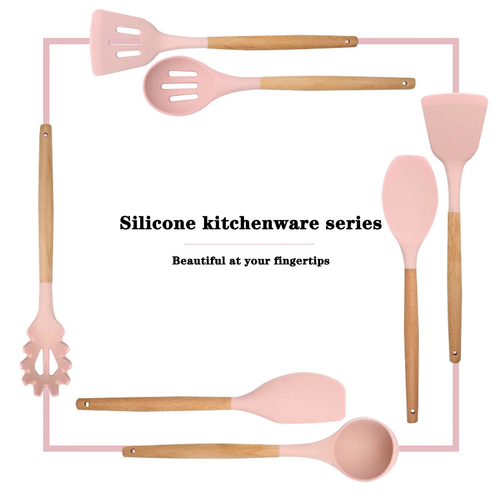 Silicone Kitchen Utensil Set With Wooden Handle Egg Beaters