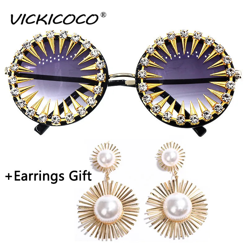 VICKICOCO Steampunk Diamond Sunglasses For Women Round UV400