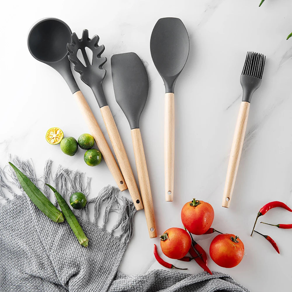 Silicone Kitchen Utensil Set With Wooden Handle Egg Beaters