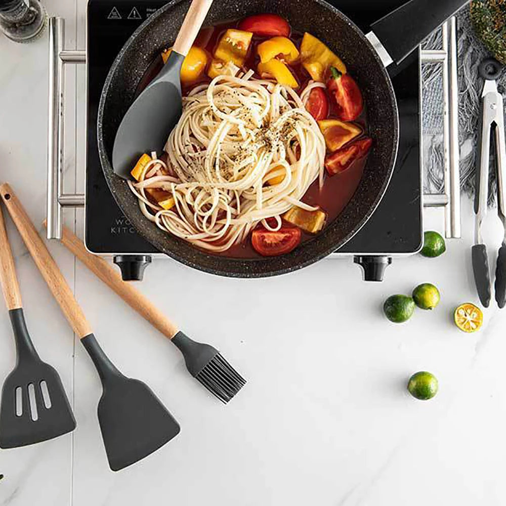 Silicone Kitchen Utensil Set With Wooden Handle Egg Beaters