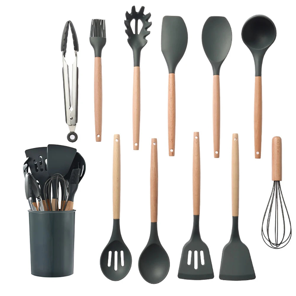 Silicone Kitchen Utensil Set With Wooden Handle Egg Beaters