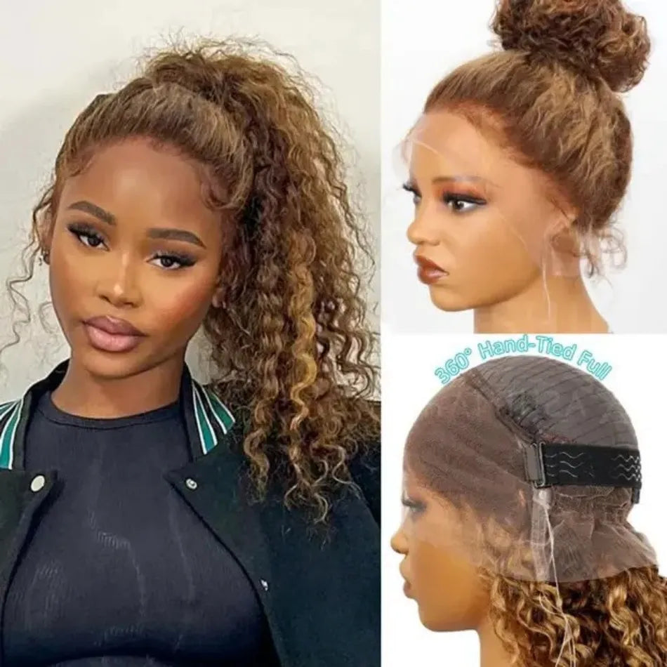 Honey Blonde Deep Wave Human Hair 360 Full Lace Frontal Wig 13X4 Curls 250 Density