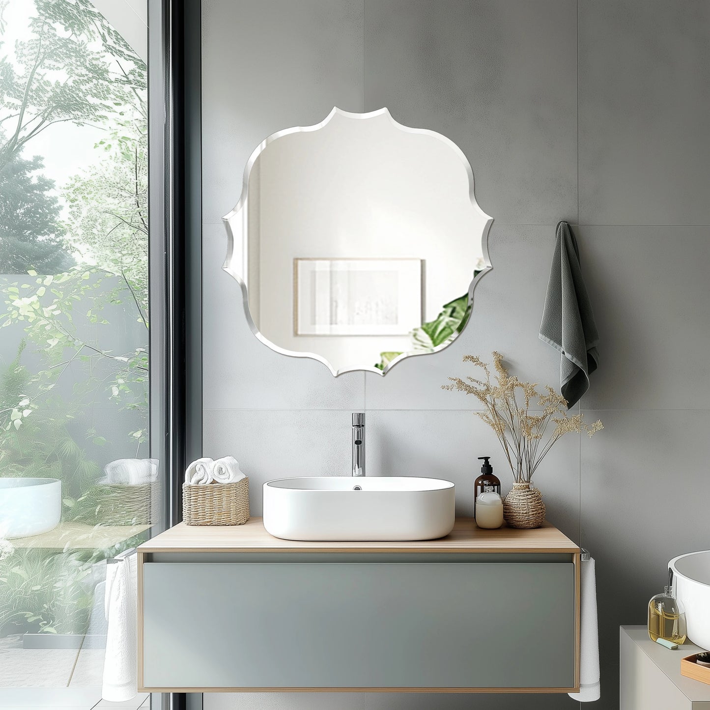 Wisfor Scalloped Edge Beveled Frameless Bathroom Wall Mirror