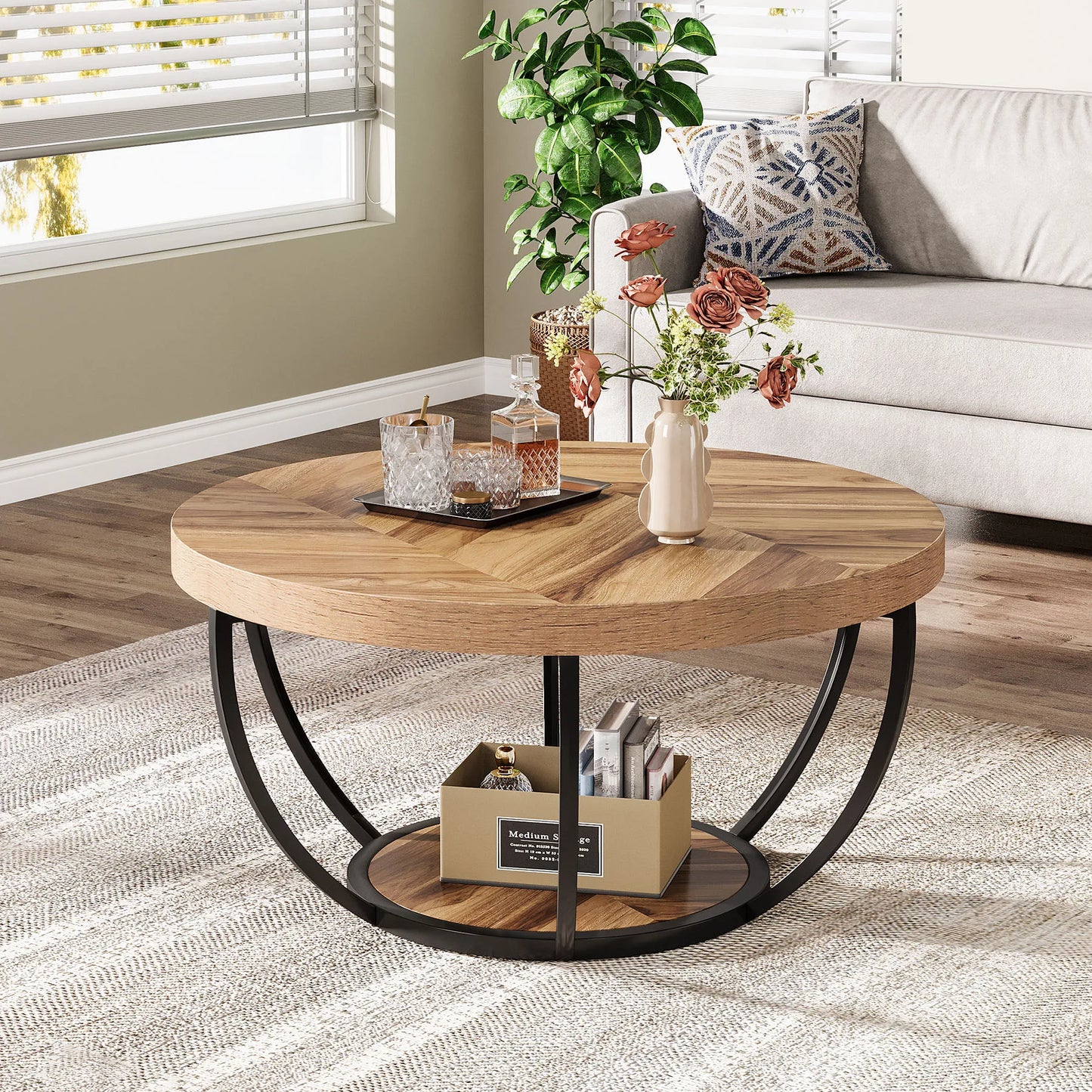 Tribesigns Round Coffee Table With Storage Shelves Two Tier