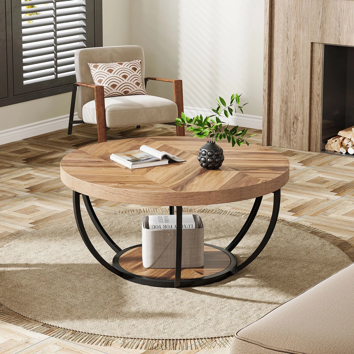 Tribesigns Round Coffee Table With Storage Shelves Two Tier