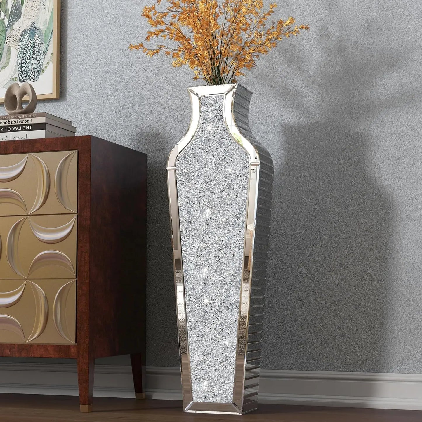 Function Crushed Diamond Mirrored Floor Vase Crystal Glass