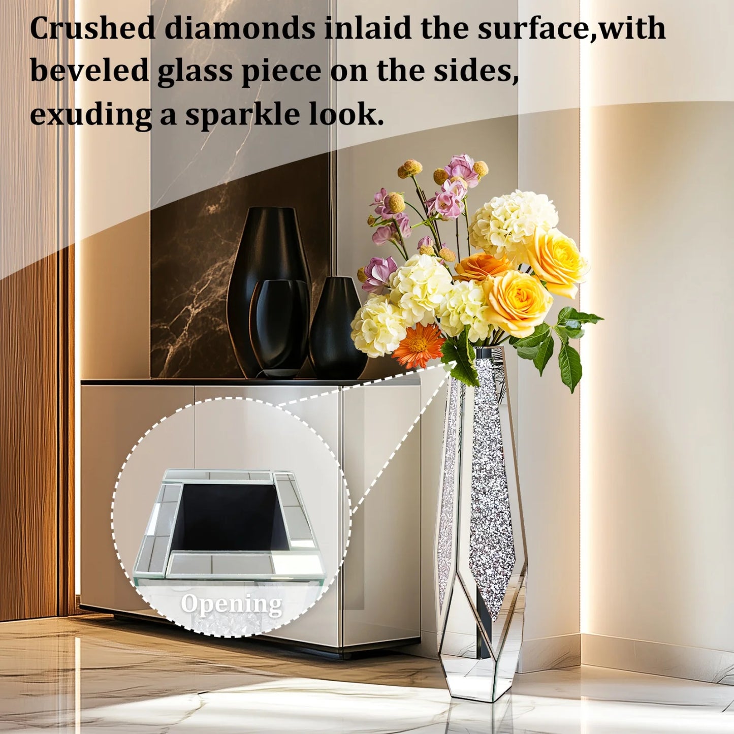 Function Crushed Diamond Mirrored Floor Vase Crystal Glass