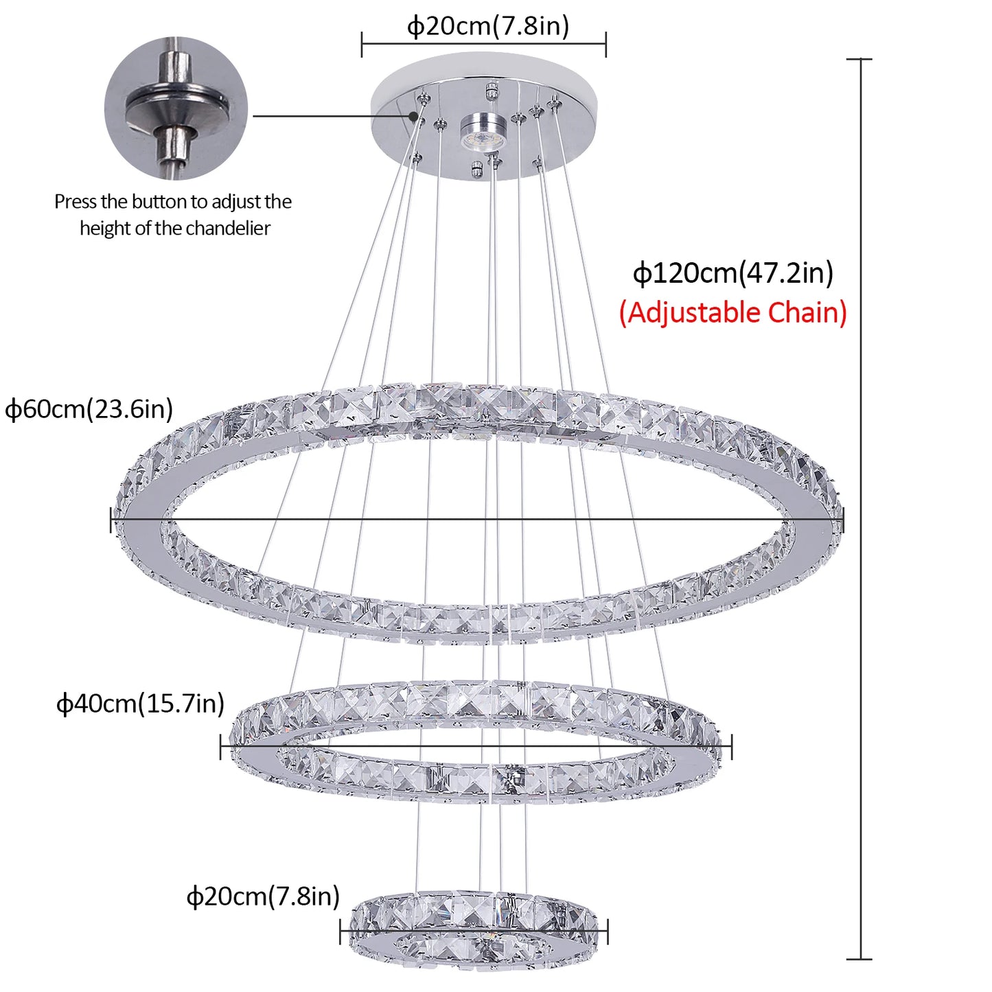 VETRULUS Crystal Ceiling Chandelier Three Ring LED Hanging Light Living Room