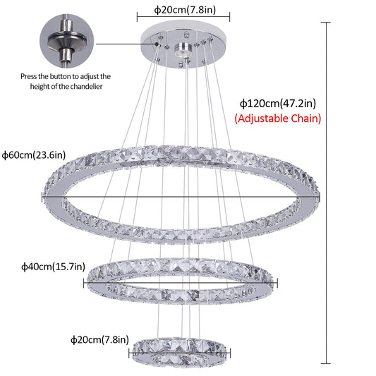 VETRULUS Crystal Ceiling Chandelier Three Ring LED Hanging Light Living Room