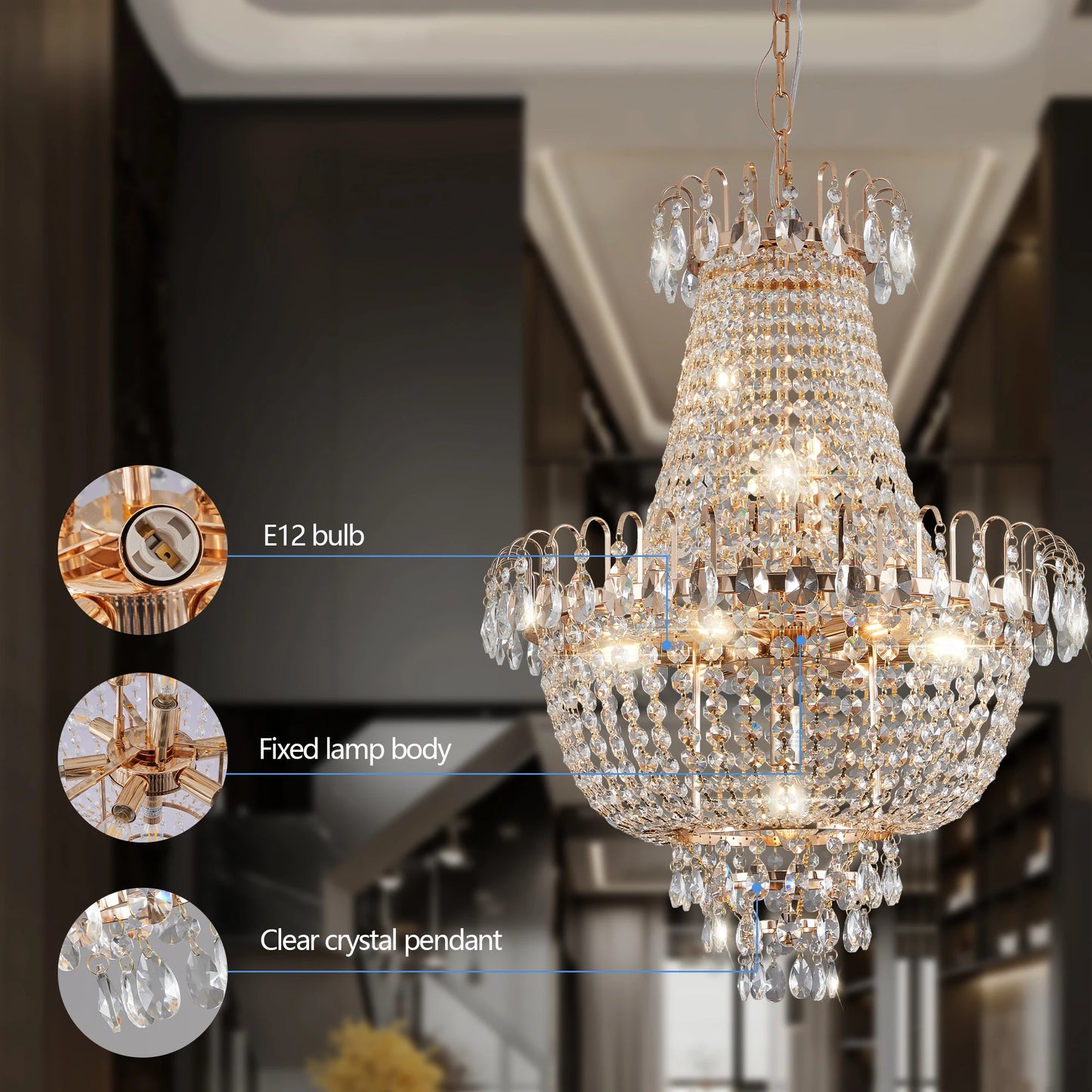 ARLGSITE Luxury Crystal Chandelier K9 Crystals Ceiling Light Living Room