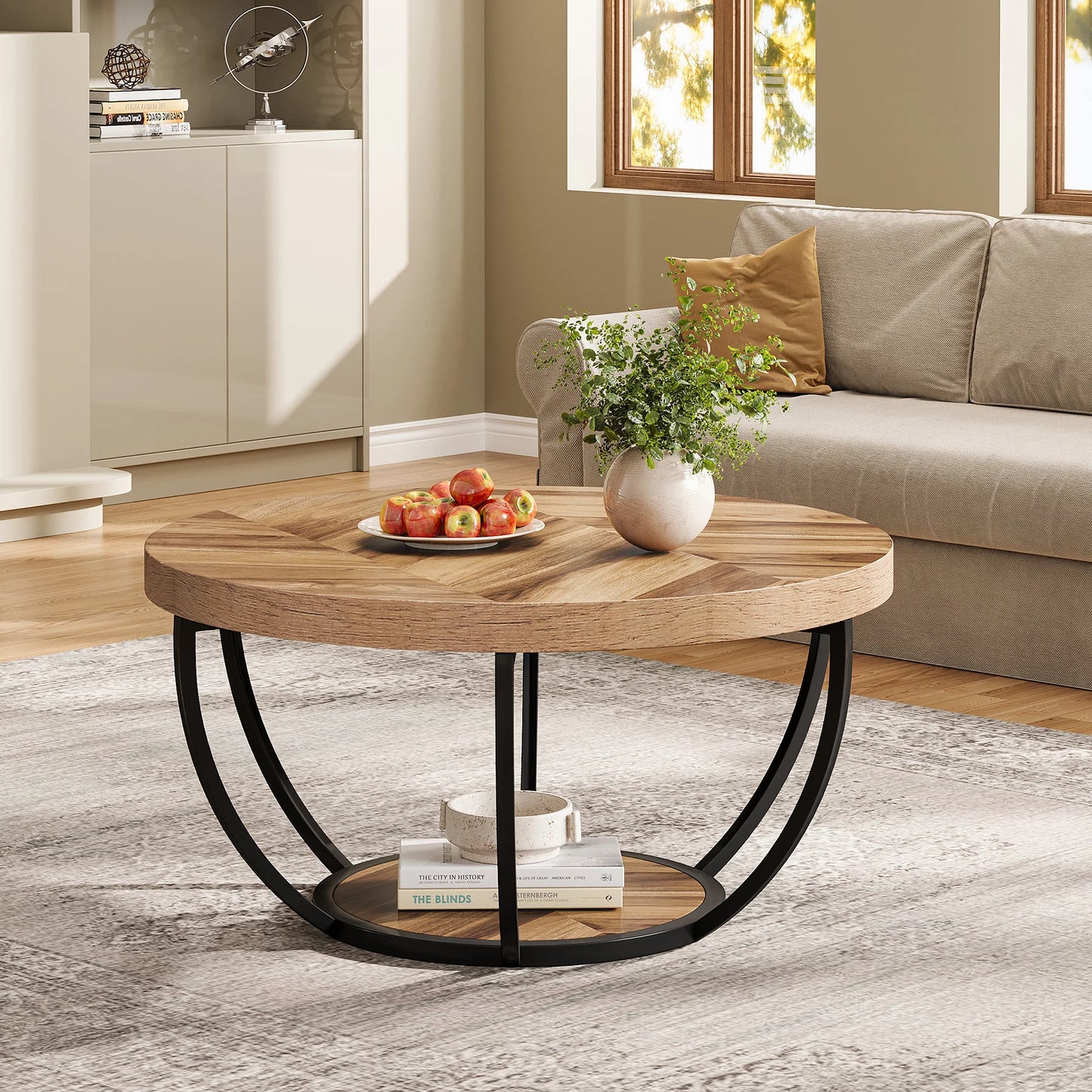 Tribesigns Round Coffee Table With Storage Shelves Two Tier