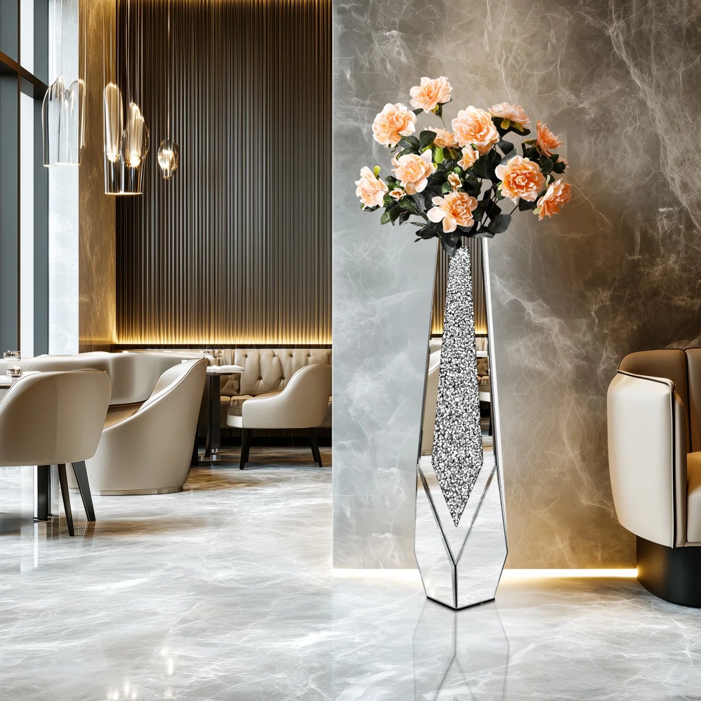 Function Crushed Diamond Mirrored Floor Vase Crystal Glass