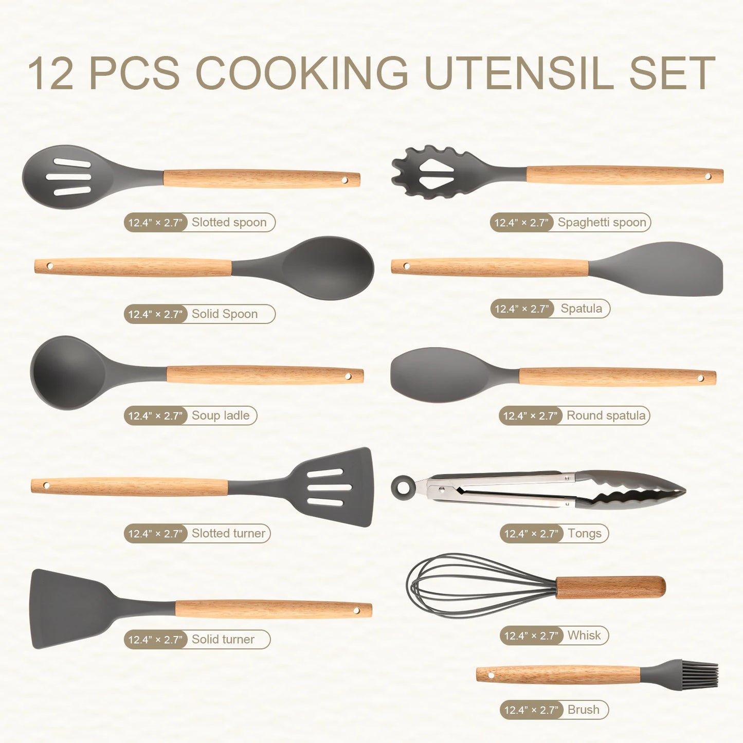 Katisun 12 Non Stick Silicon Utensil Set With Wood Handles