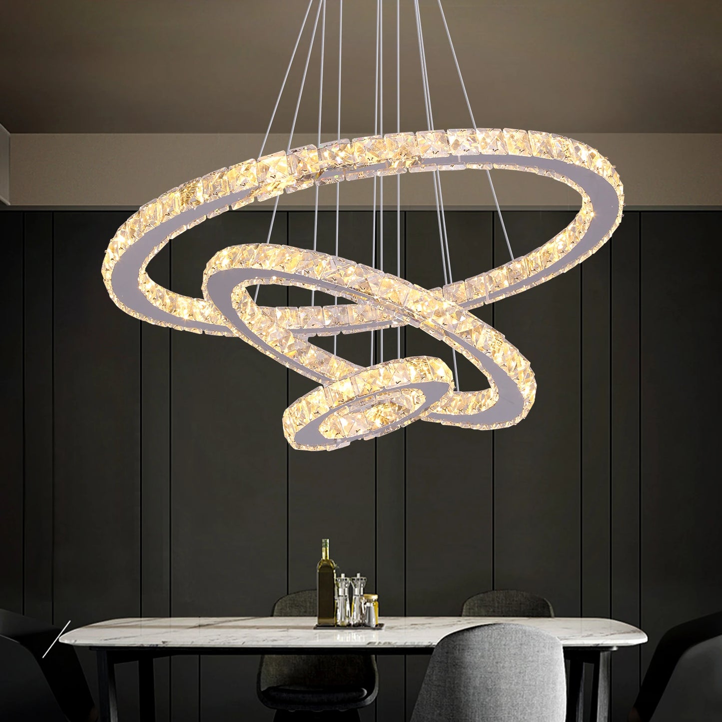 VETRULUS Crystal Ceiling Chandelier Three Ring LED Hanging Light Living Room