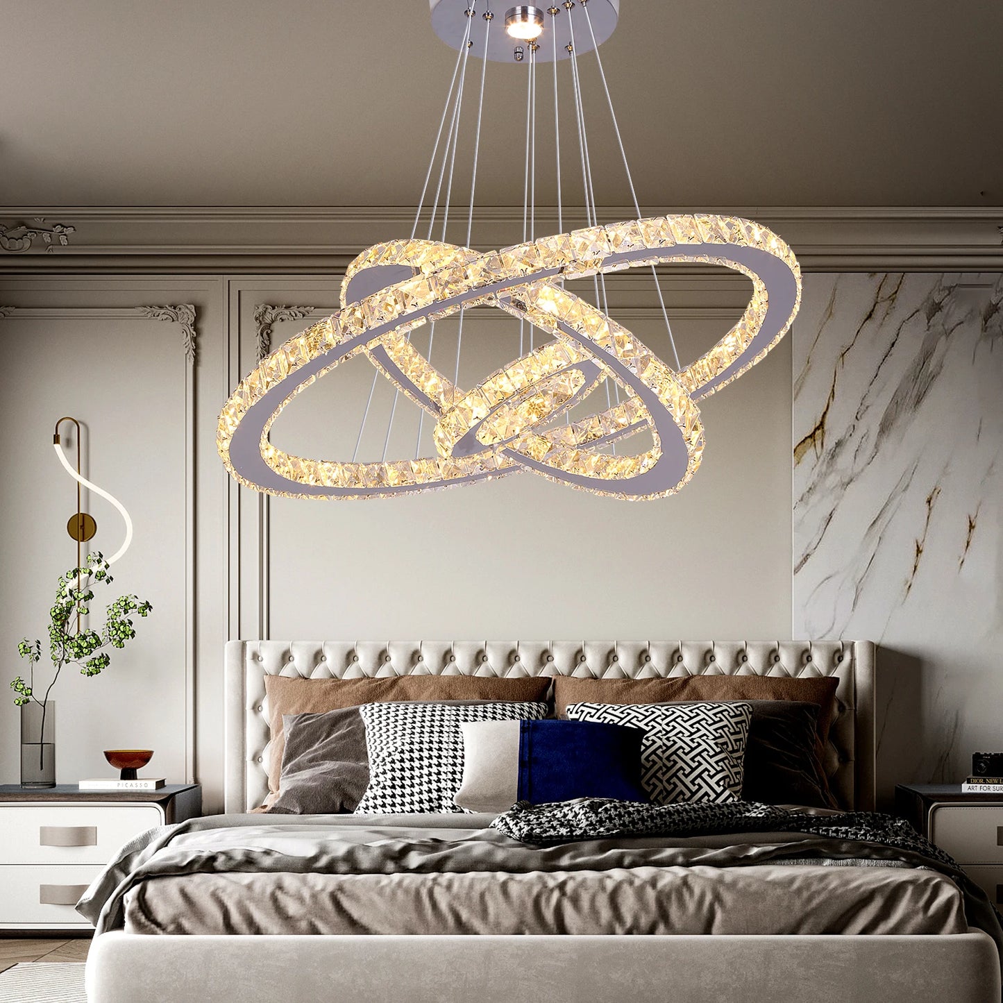 VETRULUS Crystal Ceiling Chandelier Three Ring LED Hanging Light Living Room