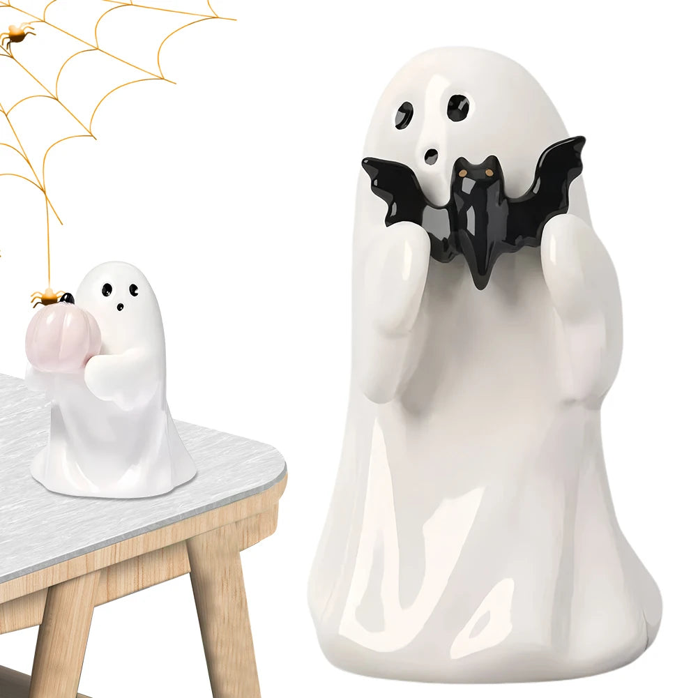 Ghost Holding Pumpkin Resin Figurine Spooky Desktop Sculpture for Halloween Home Decor