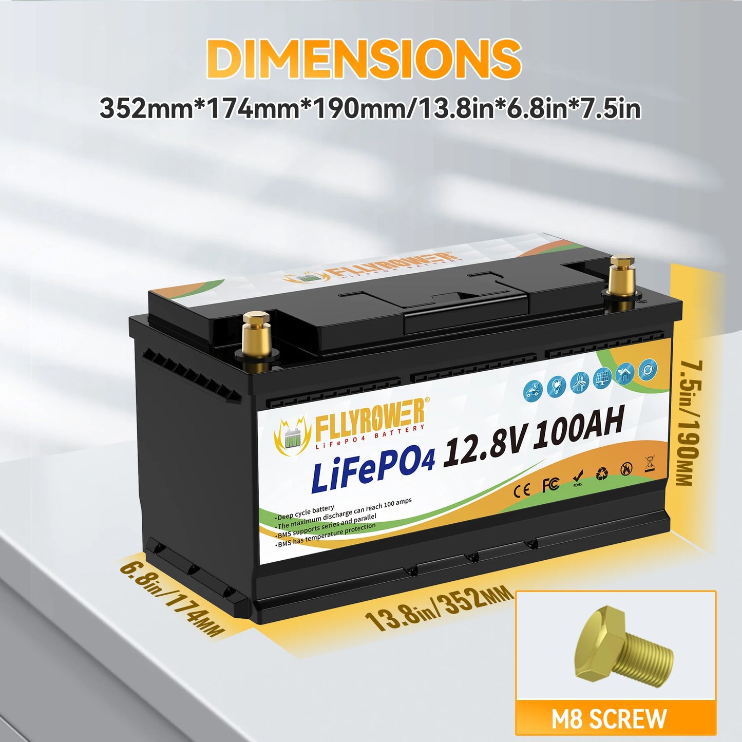 FLLYROWER 12V 100Ah LiFePO4 Battery Pack With 100A BMS