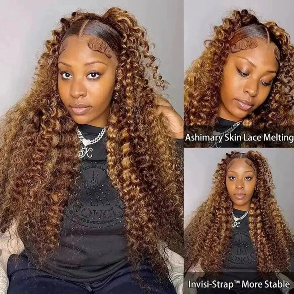 Honey Blonde Deep Wave Human Hair 360 Full Lace Frontal Wig 13X4 Curls 250 Density