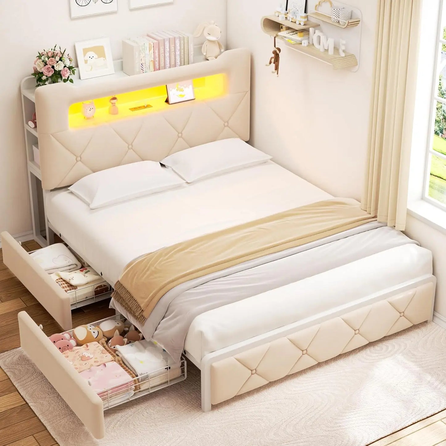 LED Bed Frame With 2 Storage Drawers And Bookcase Headboard