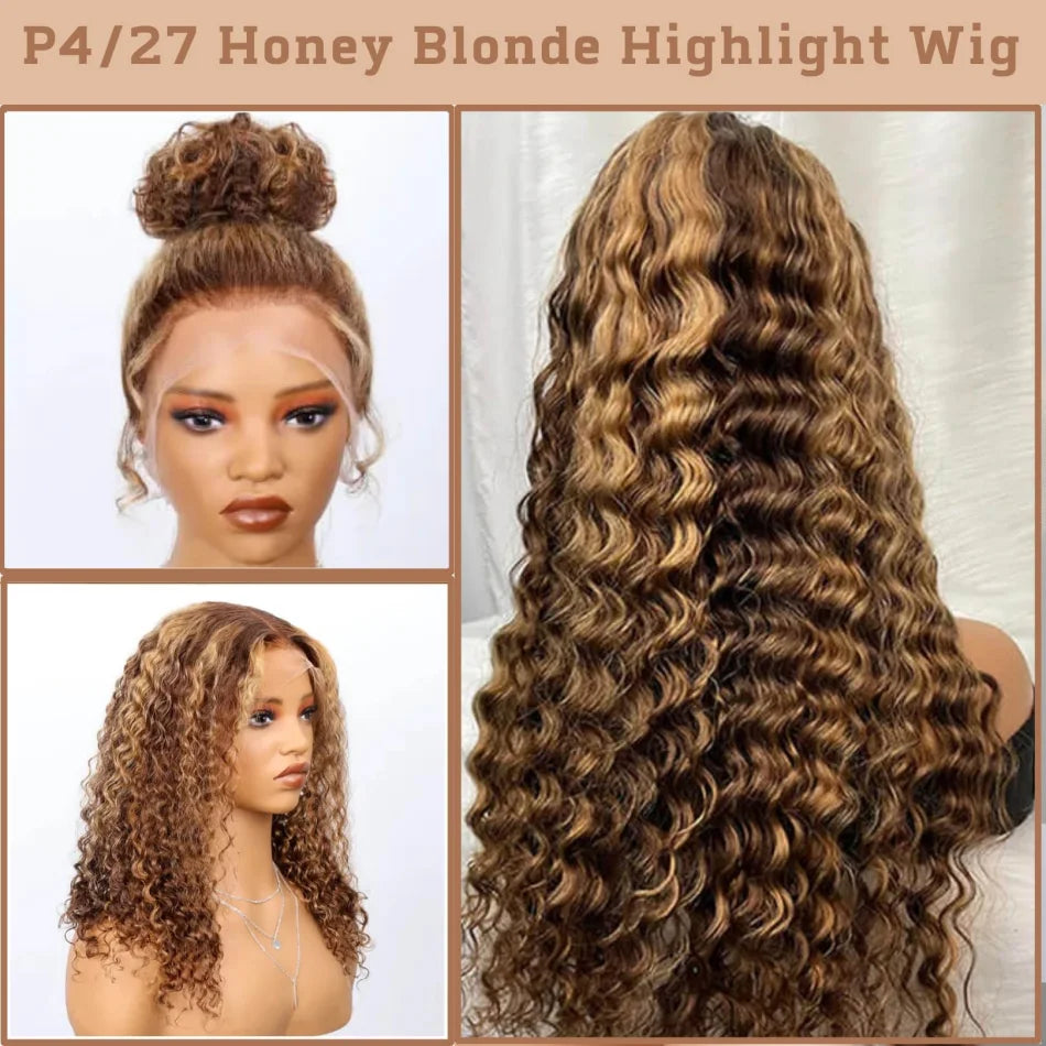 Honey Blonde Deep Wave Human Hair 360 Full Lace Frontal Wig 13X4 Curls 250 Density