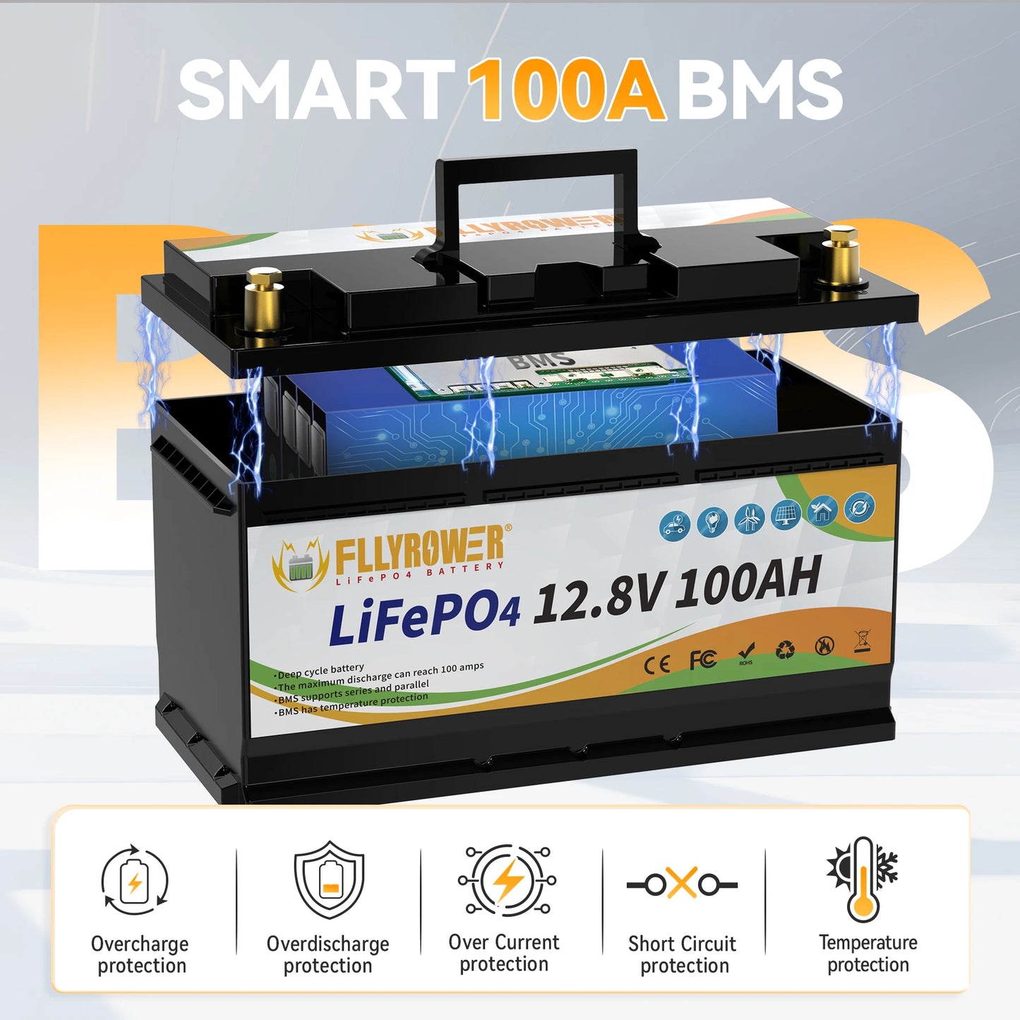 FLLYROWER 12V 100Ah LiFePO4 Battery Pack With 100A BMS