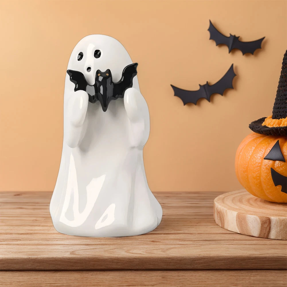 Ghost Holding Pumpkin Resin Figurine Spooky Desktop Sculpture for Halloween Home Decor