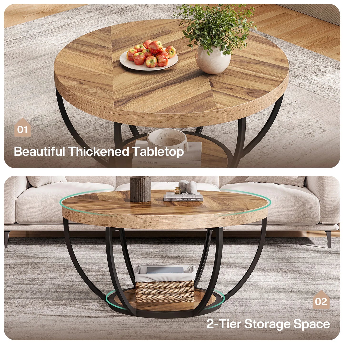 Tribesigns Round Coffee Table With Storage Shelves Two Tier