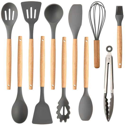 Katisun 12 Non Stick Silicon Utensil Set With Wood Handles