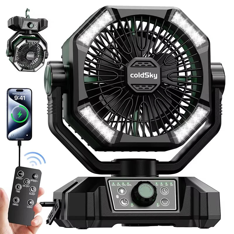 Electric Camping Fan With LED Lantern And 20000mAh Battery