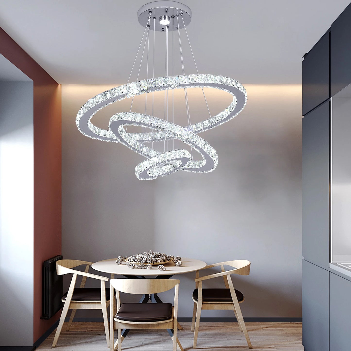 VETRULUS Crystal Ceiling Chandelier Three Ring LED Hanging Light Living Room