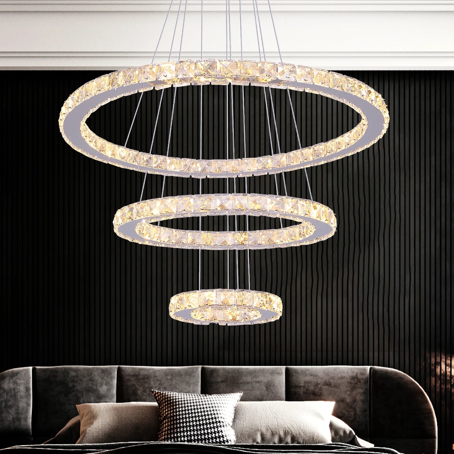 VETRULUS Crystal Ceiling Chandelier Three Ring LED Hanging Light Living Room