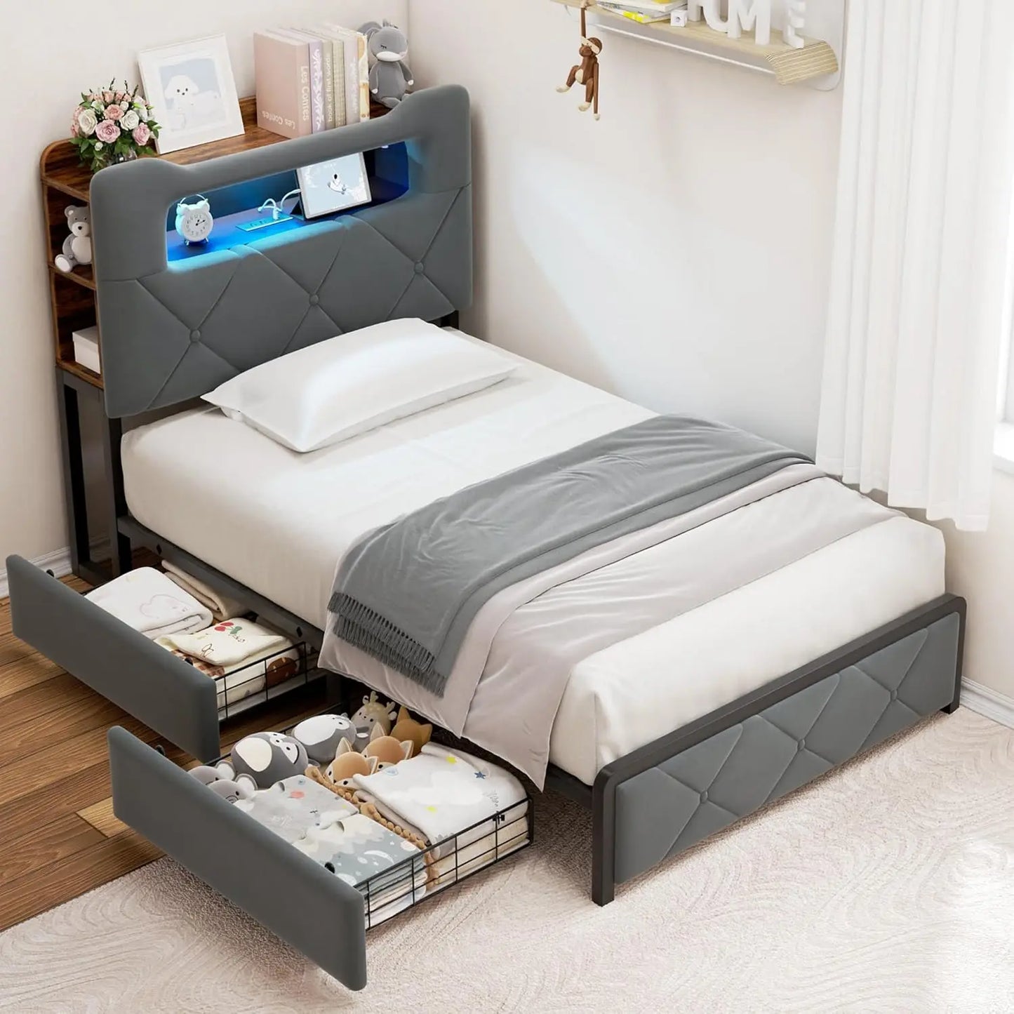 LED Bed Frame With 2 Storage Drawers And Bookcase Headboard