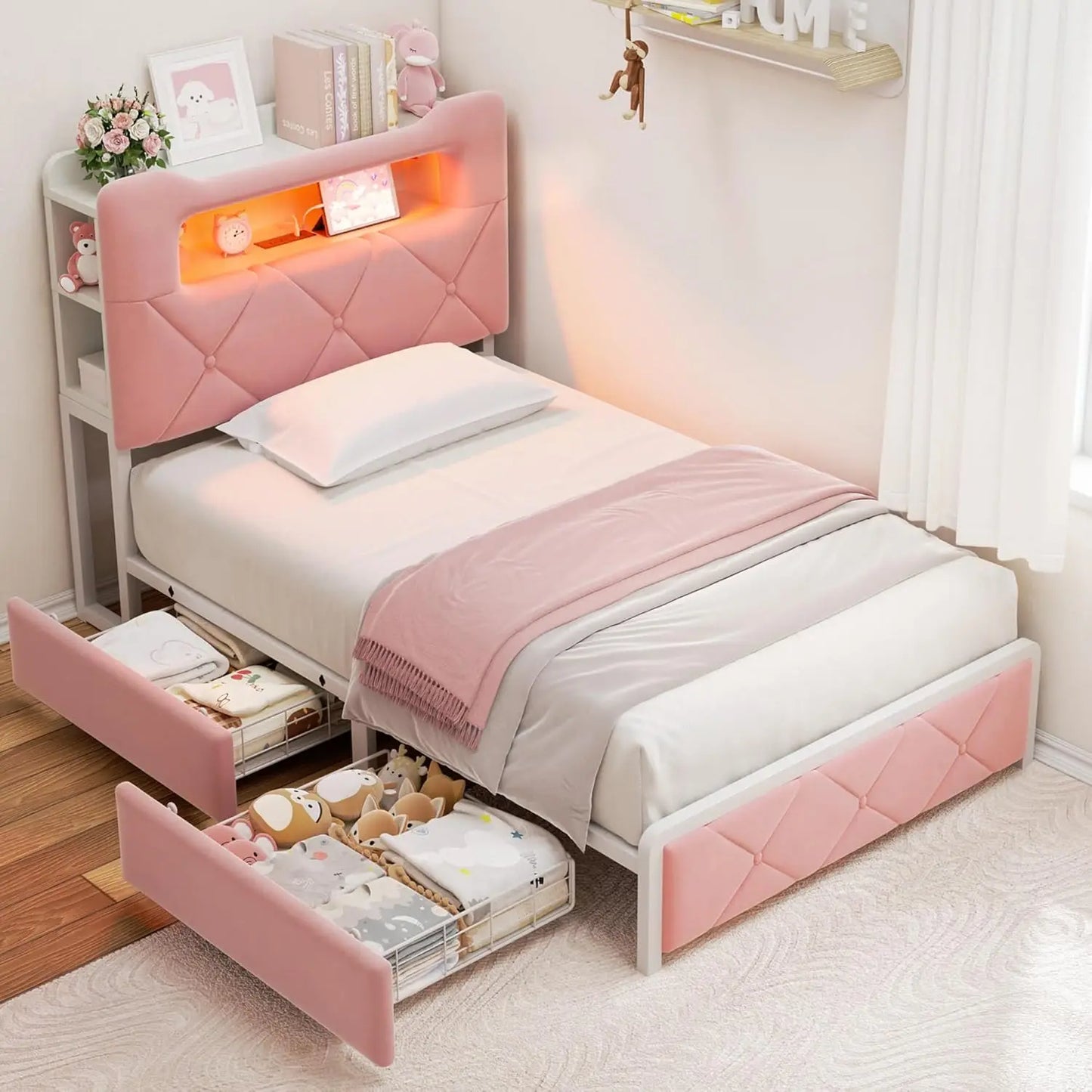 LED Bed Frame With 2 Storage Drawers And Bookcase Headboard