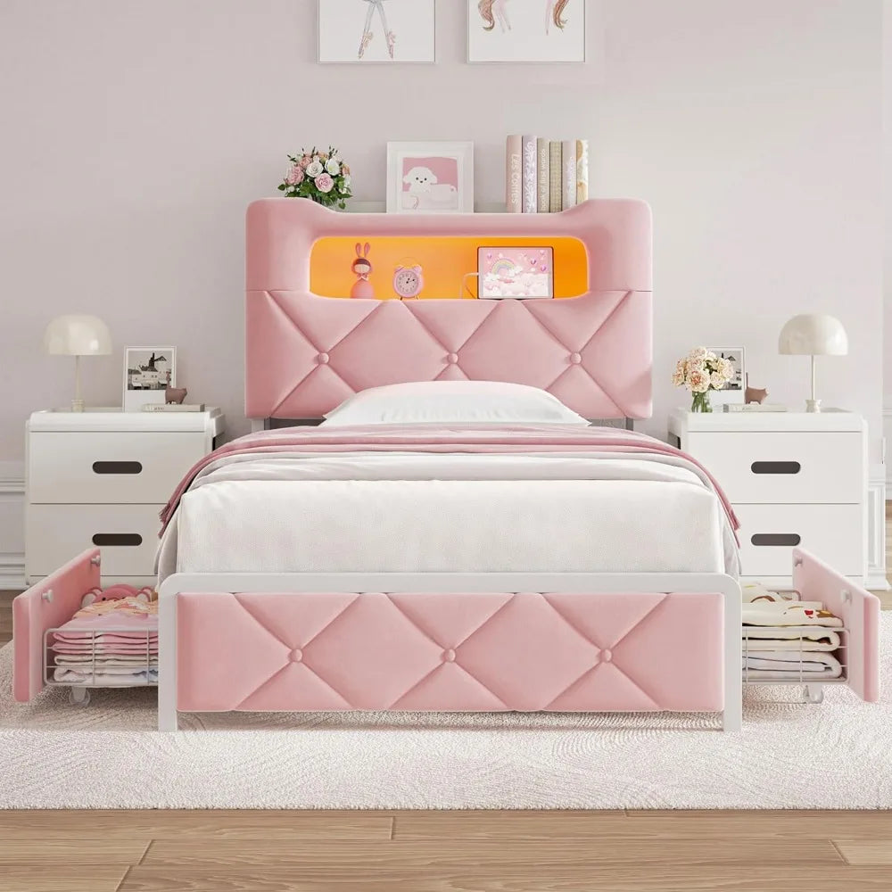 LED Bed Frame With 2 Storage Drawers And Bookcase Headboard