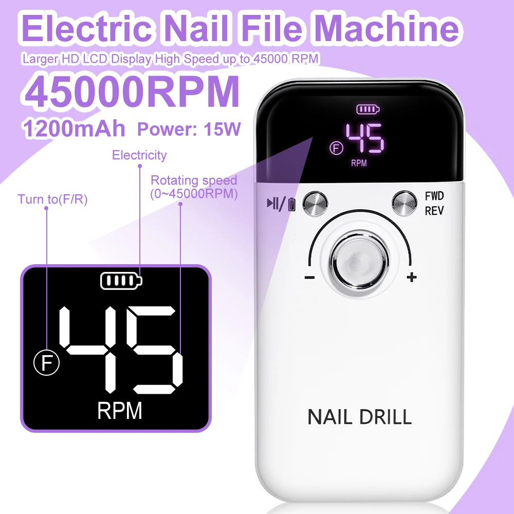 Nail Drill 45000 RPM Rechargeable Electric File For Gel