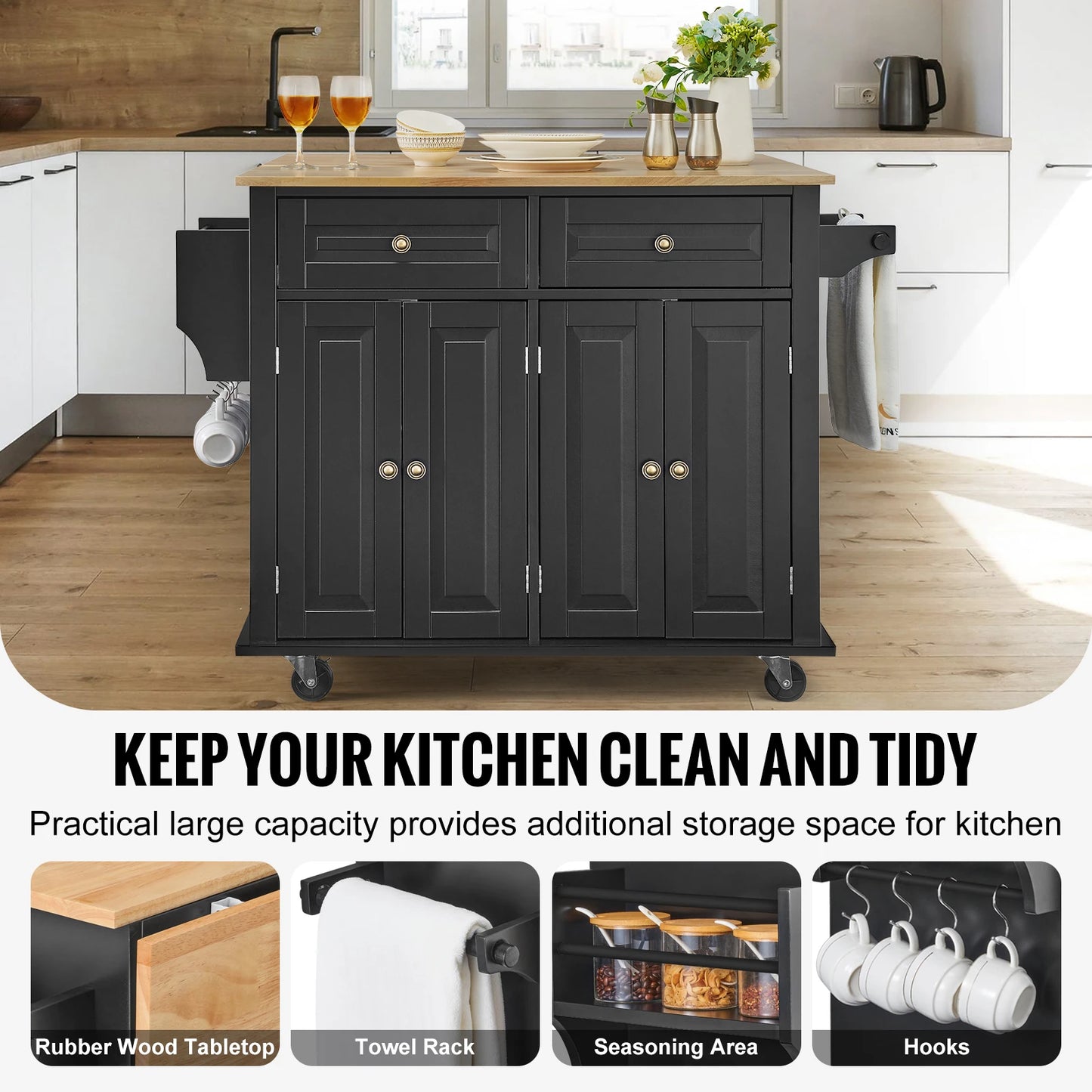 SucceBuy Kitchen Island Cart Wood Top With Drop Leaf