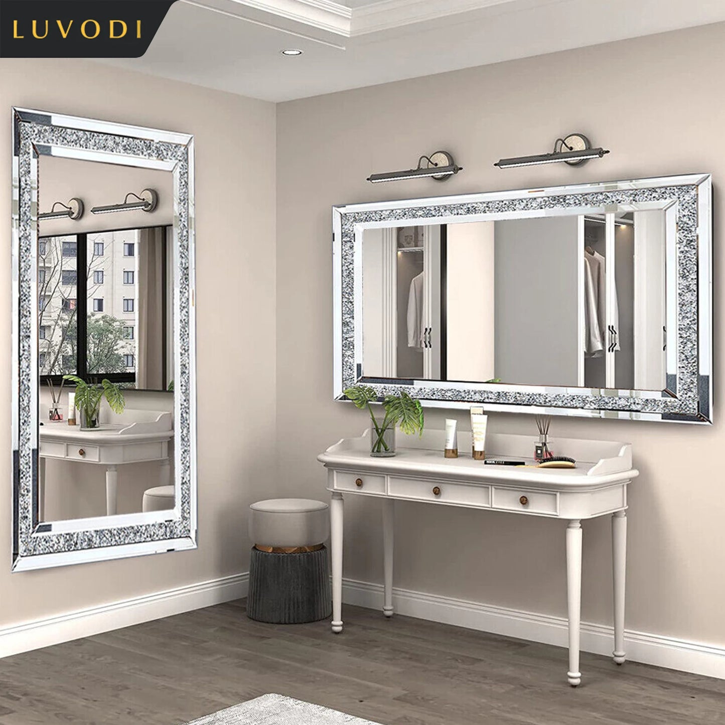 LUVODI Crystal Rhinestone Frameless Wall Vanity Mirror