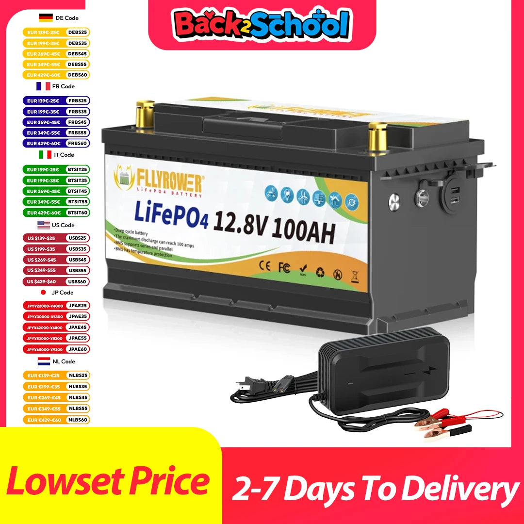 FLLYROWER 12V 100Ah LiFePO4 Battery Pack With 100A BMS