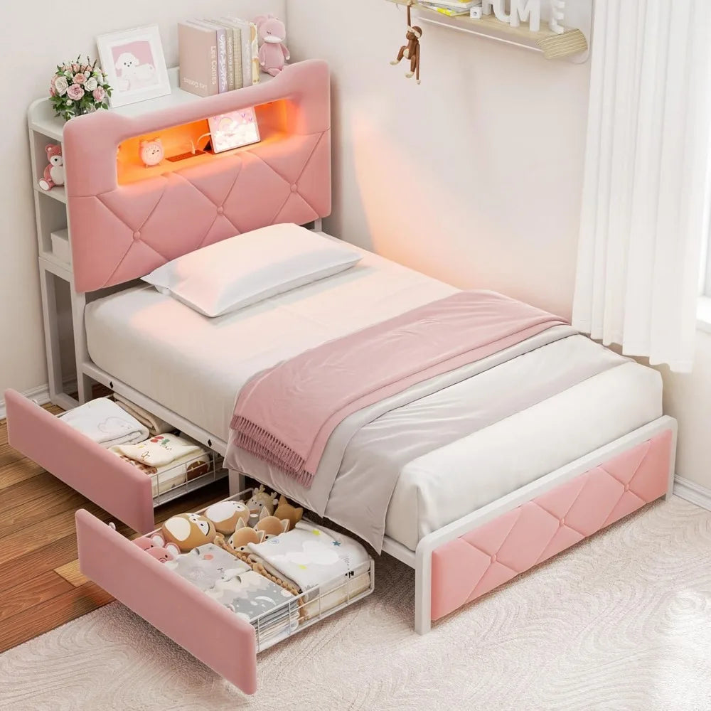 LED Bed Frame With 2 Storage Drawers And Bookcase Headboard