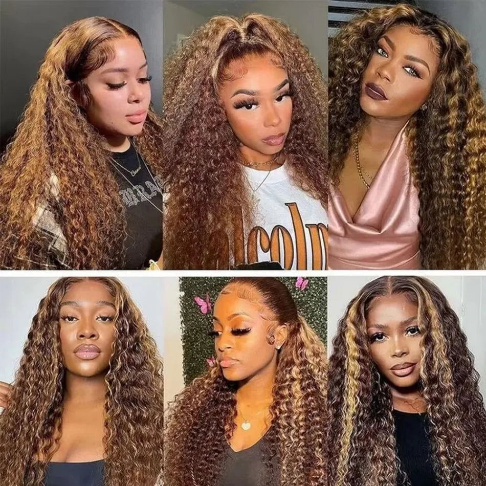 Honey Blonde Deep Wave Human Hair 360 Full Lace Frontal Wig 13X4 Curls 250 Density